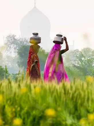Women with pots on heads walking through meadow in India